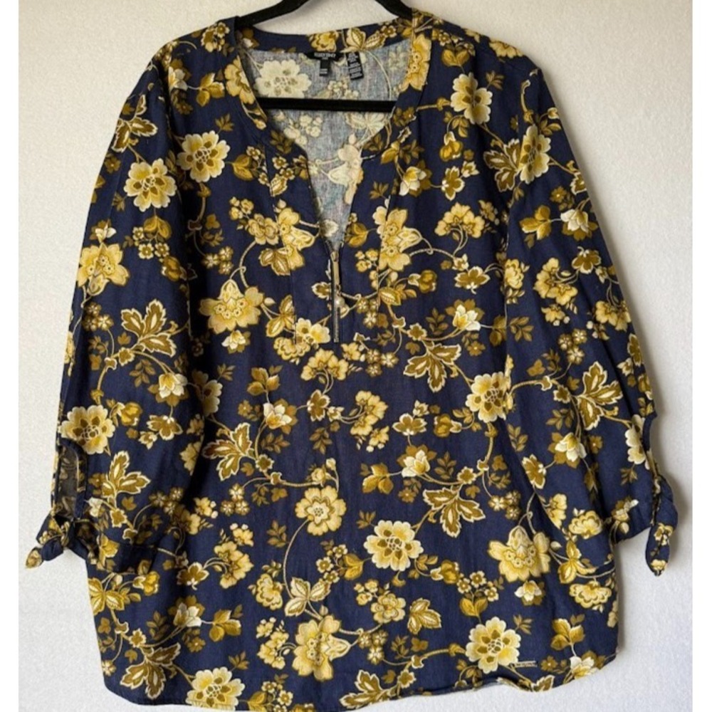Ellen Tracey Blouse Women XL‎ Multicolor Floral Tunic Long Sleeves Tie Cuffs